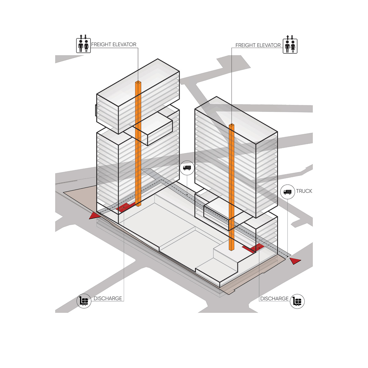Access to the freight elevator from the ground floor and level -1 loading decks